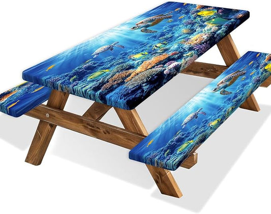 Picnic Table Cover with Bench Covers, Camping Essentials, Ocean Underwater World Table Cover, Fitted Camping Tablecloth Windproof Waterproof with Elastic Edge for Indoor Outdoor Patio 3PCS 30x60 Inch