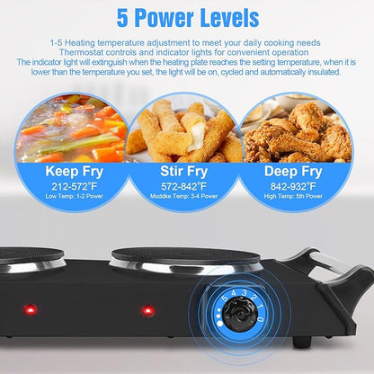 2000W Hot Plate,Portable Electric Stove Countertop Double Burners W/5 Level Temperature Control & Stay Cool Handles, Easy to Clean, Lightweight Cast Iron Electric Stove for RV/Home/Camp 110V