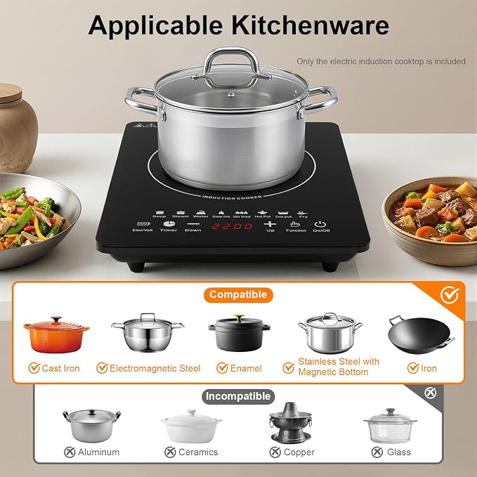Induction Cooktop 2200W, Portable Hot Plate w/ 8 Power Levels | Countertop Portable Electric Stove with LCD Display, Timing, Adjustable Temperature for RV, Dorm, Home Kitchens