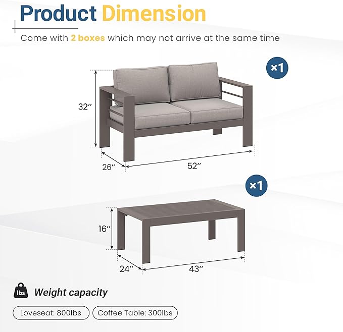 Wisteria Lane Metal Patio Furniture Set for All Weather, Oversized Heavy Duty Outdoor Furniture Set with Upgraded Cushion, Modern Outdoor Patio Loveseat Set for Garden, Balcony, Backyard, Kahki Gray