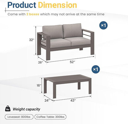Wisteria Lane Metal Patio Furniture Set for All Weather, Oversized Heavy Duty Outdoor Furniture Set with Upgraded Cushion, Modern Outdoor Patio Loveseat Set for Garden, Balcony, Backyard, Kahki Gray