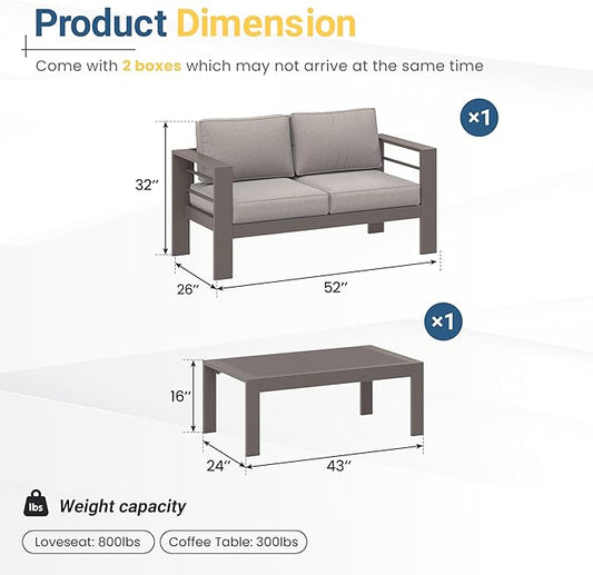Wisteria Lane Metal Patio Furniture Set for All Weather, Oversized Heavy Duty Outdoor Furniture Set with Upgraded Cushion, Modern Outdoor Patio Loveseat Set for Garden, Balcony, Backyard, Kahki Gray
