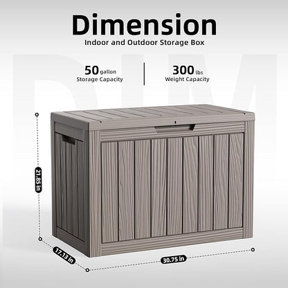 50 Gallon Resin Deck Box Outdoor Storage Box Waterproof for Patio Furniture,Outdoor Cushions,Garden Tools and Pool Supplies（Grey）