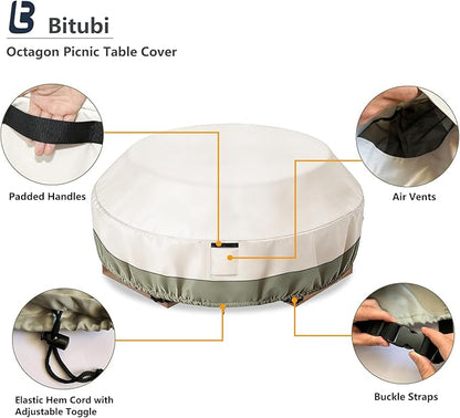 Bitubi Heavy Duty Waterproof Octagon Picnic Table Cover for 6/8-Person Outdoor Bench Patio Round Picnic Table, Beige