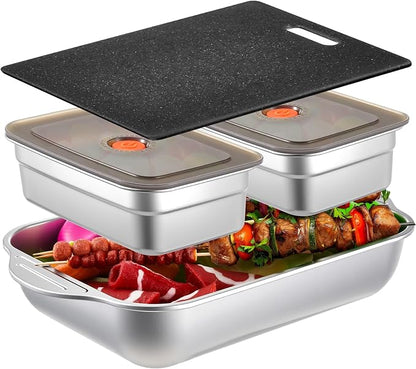 4 Pcs Grill Prep Set – Stainless Steel BBQ Prep & Serve Tray, Marinade Containers with Lids and Cutting Board for Outdoor Grilling, BBQ, Marinating (Deep Tray)
