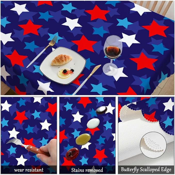 Swono 52x70 Inch Stars Tablecloth Patriotic American Flag Stars Confetti Farmhouse Dining Table Cloth Anti-Stain Talking Table Cover for Kitchen Dinning Room Coffee Store, Blue Red