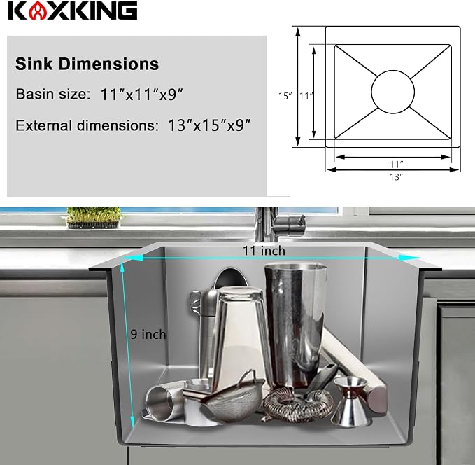 13x15x9 Inch Black Bar Sink Drop In - 18 Gauge Stainless Steel Small Kitchen Sink for RV, Wet Bar, Food Truck & Tiny Home, Nano PVD Gunmetal Matte Black Single Bowl with Strainer