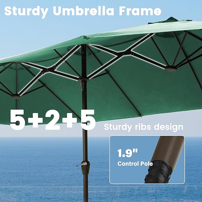 Ayge 15FT Patio Umbrella with Base,Large Outdoor Double-Sided Rectangle Umbrella with Crank Handle, Market Umbrella for Poolside Garden Deck Backyard Beach Pools,Green