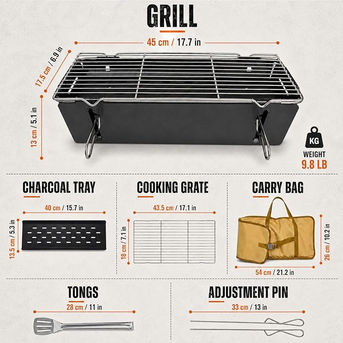 Portable Charcoal BBQ Grill, Small Foldable Camping Barbecue | Serves 2–4, Full‑Grate Cooking Coverage, 3‑Second Setup, with Carry Bag, Ideal for Outdoor Cooking, Tailgating & Backyard