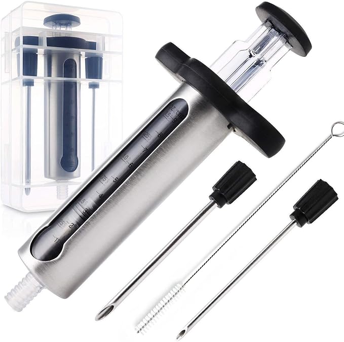 Kitchen Meat Injector, Leak-Proof Stainless Steel Flavor Marinade Syringe with 2 Different Needles and 1.5-oz Measurement Window,Perfect for Smoking, Frying, and Brining Meat for Deep Seasoning(MI-06)