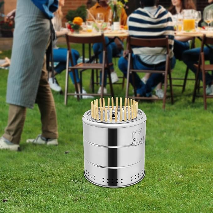 Portable Smokeless Charcoal Barbecue Grill with 30 Skewers and BBQ Cooking Grate, Stainless Steel Kebab Barrel Grill, 15.4 inch Diameter