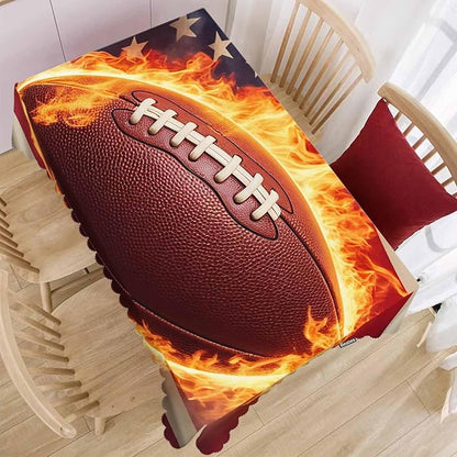 Tablecloth American Flag Football 52 X 70 Inch, Sport Fire Football USA Flag Oblong Table Cloths Anti-Shrink Decorative Table Cover for Kitchen Dinning Tabletop Outdoor Picnic BBQ