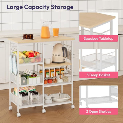 SWTYMIKI Kitchen Island Cart on Wheels - 28.35x14.57in Rolling Kitchen Table Cart with Storage Shelves, 6 Removable Hooks& Locking Casters, Coffee Bar Cabinet for Dining Room Pantry Office, White