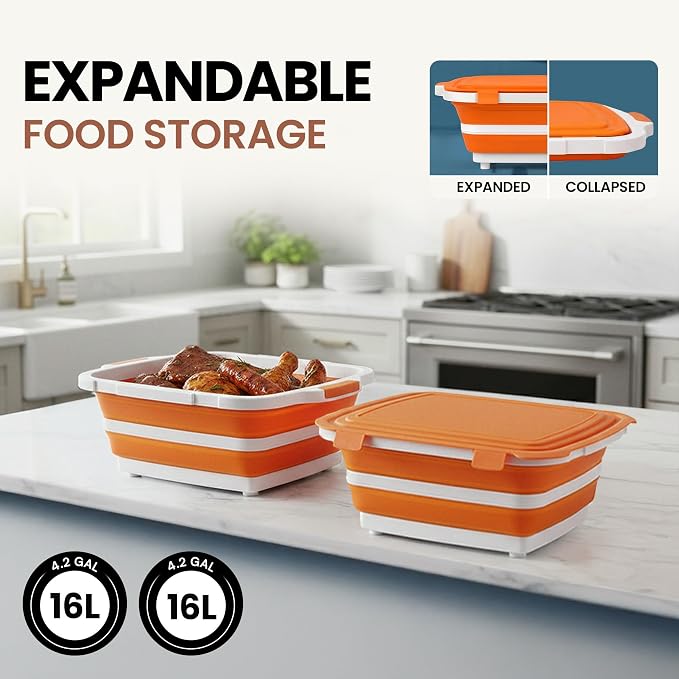 BBQ Prep Tub 2 Pack (16L+16L) - Multifunctional Collapsible Camping Cutting Board with Upgraded Locking lid, Meal Prep Meat Storage Container Perfect for Grilling, Outdoor Cooking (XL x 2)