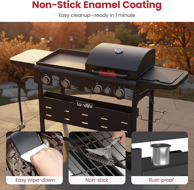 LAUDLIFE 5-Burner Propane Grill Griddle Combo with Side Burner, Dual Zone BBQ Gas Grill, Non-Stick Porcelain-Enameled Surface, Easy to Clean, 702 Sq.In. Cooking Area, Heavy-Duty Stand for Backyard