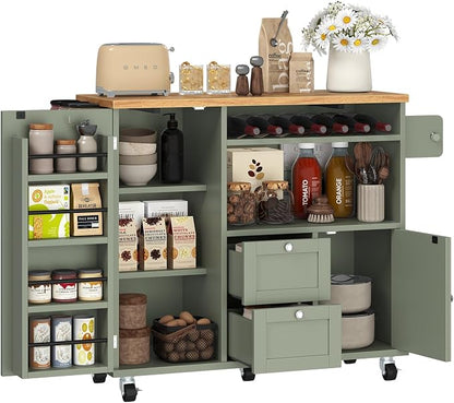 knoworld Rolling Kitchen Island with Storage Cabinet, 41.3'' Width Kitchen Cart with Desktop Drop Leaf Countertop, Portable Mobile Island with Towel Rack, Spice Rack Shelf and Lockable Wheels, Green