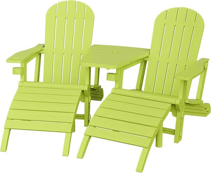 Shintenchi Adirondack Chair Set of 2,HDPE Adirondack Chairs with Umbrella Hole Connecting Tray & 2 Curved Ottoman,Plastic Outdoor Chairs with Cup Holders for Garden Backyard Pool,Green