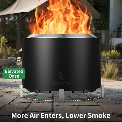 OutVue 27 inch Stainless Steel Smokeless Fire Pit, Outdoor Smokeless Firepit, Wood Burning Fire Pits for Camping, Bonfire, Low Smoke Firepit for Outside (Vertical Hole)