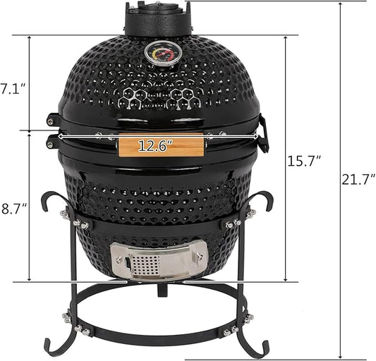 13in Round Ceramic Charcoal Grill,Vertical Charcoal Grills,Tabletop Barbecue Smoker,Heavy Duty Outdoor Cooking & Camping BBQ Grill,with Built-in Thermometer,for Garden Patio Beach Backyard (Black)