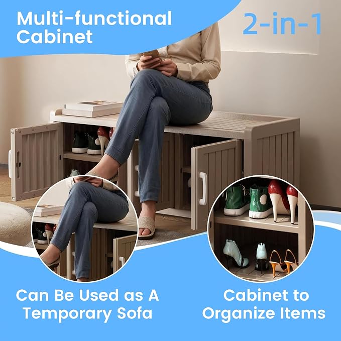 3 Doors Shoe Bench, Waterproof & UV-Resistant, Resin Shoe Cabinet Indoor & Outdoor Use, Entryway Bench with Adjustable Shelves & Hidden Storage Space for Bedroom, Hallway, Grey