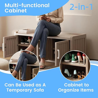3 Doors Shoe Bench, Waterproof & UV-Resistant, Resin Shoe Cabinet Indoor & Outdoor Use, Entryway Bench with Adjustable Shelves & Hidden Storage Space for Bedroom, Hallway, Grey