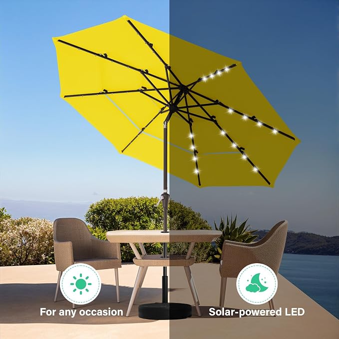 JEAREY 9 ft 3-Tier Outdoor LED Lighted Patio Umbrella w/Crank, Yellow | Solar Market Table Umbrella with 8 Sturdy Ribs, UV Protection Waterproof Sunproof for Garden, Deck and Backyard