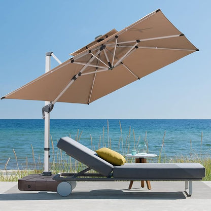 Cantilever Patio Umbrella with Cross Base and Cover Included - 360° Rotation Large Heavy Duty Offset Outdoor Umbrella with Easy Tilt for Pool Backyard Deck Garden (10x10 FT Khaki)