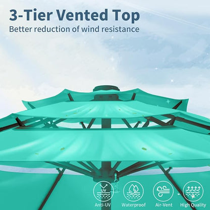 9FT 3 Tiers Patio Umbrella With Auto Tilt And Crank, Outdoor Table Market Umbrella with 8 Sturdy Ribs for Garden, Lawn, Deck, Backyard and Pool