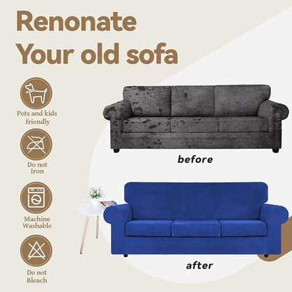 WEERRW 4 Pieces Couch Cover for Sofa Velvet Sofa Cover Washable, Royal Blue | Sofa Covers for 3 Cushion Couch Furniture Protector Sofa Slipcovers with Non Slip Elastic Bottom, Pet Friendly, Large