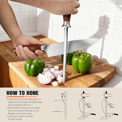 TUO Honing Rod, Sharpening Steel with Larger Diameter for Kitchen Knife Daily Honing Maintenance, High Carbon Steel 8" Knife Sharpener Rod, Ergonomic Handle