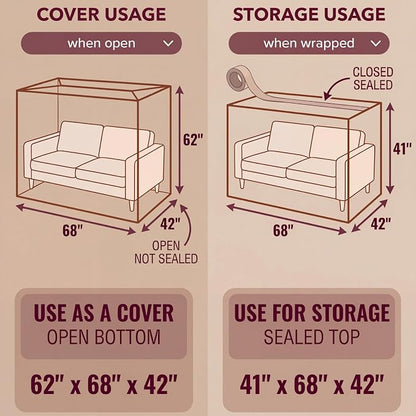Wowfit 4mil Furniture Cover for Moving, Couch Storage Bag, 68.1Wx42Dx62/41H | With Tape Strips & Labels, Clear, Heavy Duty, Waterproof, Dustproof, Loveseat/Recliner, Sectional Piece, Garage, Outdoor