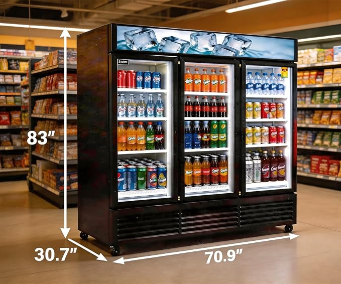 71” Wide Commercial Beverage Refrigerator Display Fridge, Three Glass Door Merchandiser Drink Cooler With LED Light 9 Adjustable Shelves,ETL Sanitation,63.5 Cu Ft,BLACK,Wheels Included