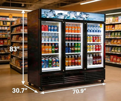 71” Wide Commercial Beverage Refrigerator Display Fridge, Three Glass Door Merchandiser Drink Cooler With LED Light 9 Adjustable Shelves,ETL Sanitation,63.5 Cu Ft,BLACK,Wheels Included