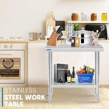 KUARBARR Stainless Steel Table for Prep & Work with Backsplash 24 x 30 Inches NSF Metal Commercial Kitchen Adjustable Under Shelf Worktable for Restaurant Home Outdoor