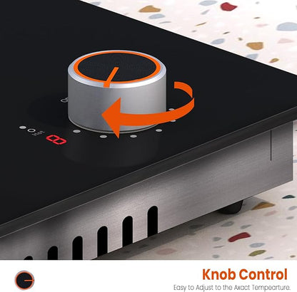 Electric Cooktop 2 Burner - 12 Inch 2000W Electric Stove Built-in & Countertop, Two Burner Ceramic Cooktop with Knob Control, 9 Power Level, Over Heat Protection, 110-120V Plug in (Red Konb)