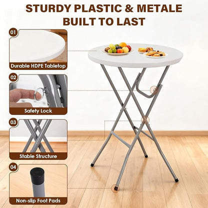 BestOffice 32" Round 43" Bar Height White Granite Plastic Folding Table, Portable Commercial Cocktail Table for Wedding Party Outdoor, White