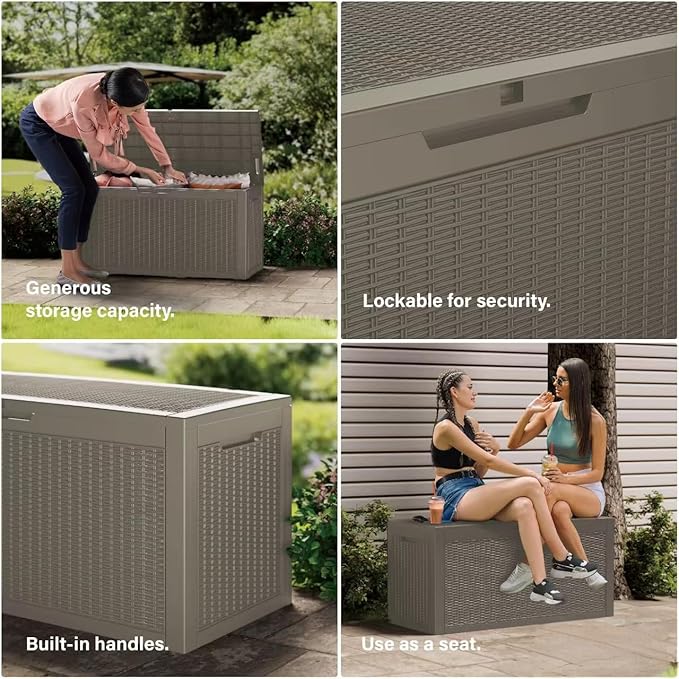 Outdoor Storage Box, 110 Gallon Resin Deck Box Waterproof for Patio Furniture, Garden Tools and Pool Accessories, Lockable UV-Resistant Storage Bin Bench Cabinet for Outside, Grey