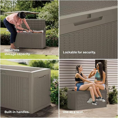 Outdoor Storage Box, 110 Gallon Resin Deck Box Waterproof for Patio Furniture, Garden Tools and Pool Accessories, Lockable UV-Resistant Storage Bin Bench Cabinet for Outside, Grey