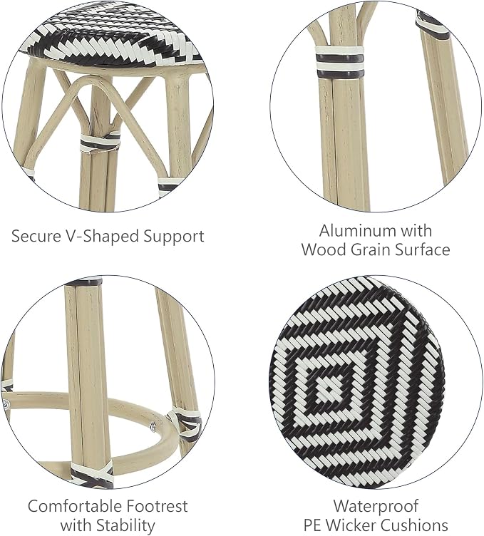 Seadrift Boho 26-inch Aluminum and All-Weather Wicker Barstools with Footrest, Patio Stools & Bar Chairs for Outdoor, Kitchen Counter, Poolside, Yard, Set of 2, Dark Brown and Beige