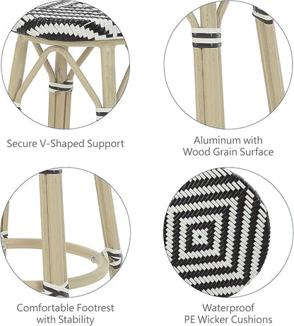 Seadrift Boho 26-inch Aluminum and All-Weather Wicker Barstools with Footrest, Patio Stools & Bar Chairs for Outdoor, Kitchen Counter, Poolside, Yard, Set of 2, Dark Brown and Beige