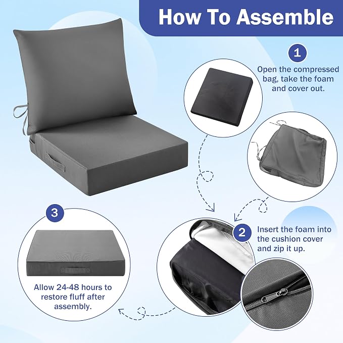 IASEAHK Outdoor Seat Cushion Set, Waterproof & Fade Resistant Patio Chair Cushions, Outdoors Cushion for Patio Furniture, 24 x 24 x 5.75 Inch, Outdoor Couch Cushions with Handle and Ties, Dark Grey