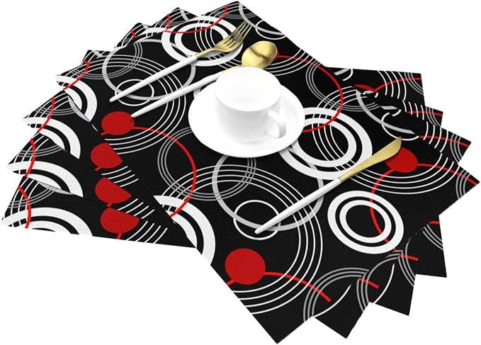 Black Red Placemats Set of 4, Geometric Linen Dining Table Mat | Washable Heat Resistant Place Mats For Kitchen Dining Holiday Party Home Decor 12"x18"