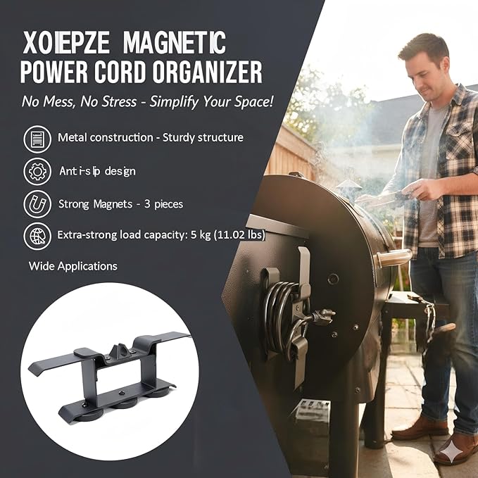 Magnetic Power Cord Organizer, Keeping Cords Neat and Tangled Free, Strong Magnet, Compatible with Most Pellet Smoker Grill Accessories, Suit for Traeger Accessories Power Cord Holder (black)