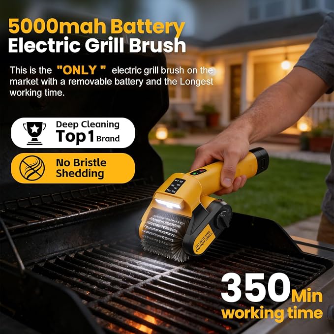 Electric Grill Brush, 100W Power, 5000mAh Large Battery, 350-Min Runtime | Best Wireless BBQ Grill Brush for Outdoor Grill, Motorized 304 Stainless Steel Cleaning Head with Bristle-Free Design