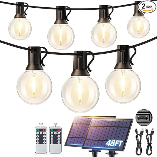 Mlambert 96FT(2x48FT) Solar String Lights with Remote, Outdoor Waterproof Patio Lights with 32 LED Shatterproof G40 Bulbs(2 Spare) for Yard-Black Wire