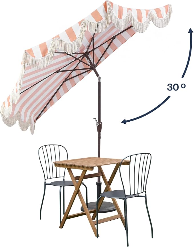 JONATHAN Y Beverly 9 ft. Striped Half Umbrella, Coral Pink/Dark Brown | Coastal Scalloped Fringe, Crank Lift, 30 Degree Manual Tilt, UV 50 Polyester Canopy, Aluminum Frame, Space Saving Design