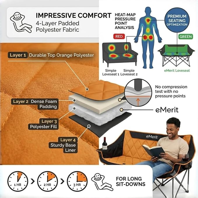 EMERIT Oversized Double Duo Camping Chair Folding Camping Loveseat 2 Person Camping Couch Heavy Duty Lawn Chairs for Outside with Padded Seats & Armrests-Support 650LBS