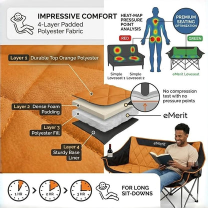 EMERIT Oversized Double Duo Camping Chair Folding Camping Loveseat 2 Person Camping Couch Heavy Duty Lawn Chairs for Outside with Padded Seats & Armrests-Support 650LBS
