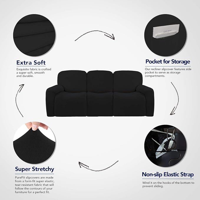 PureFit Super Stretch 3 Seats Recliner Sofa Couch Cover with Pocket | Non Slip Soft Sofa Slipcover, Washable Spandex Reclining Furniture Protector for Kids, Pets (Recliner Sofa, Black)