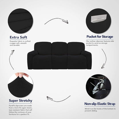 PureFit Super Stretch 3 Seats Recliner Sofa Couch Cover with Pocket | Non Slip Soft Sofa Slipcover, Washable Spandex Reclining Furniture Protector for Kids, Pets (Recliner Sofa, Black)